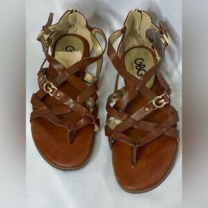 GBG Los Angeles Brown Strappy Sandals with Gold Accent G Logo